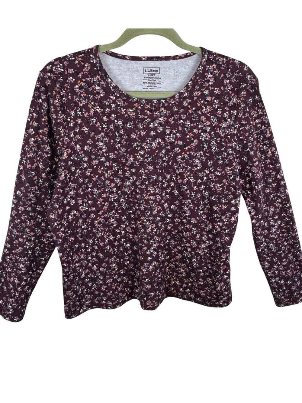 LL Bean Womens Supima Cotton Long Sleeve Floral Tee Burgundy Petite Large 519020